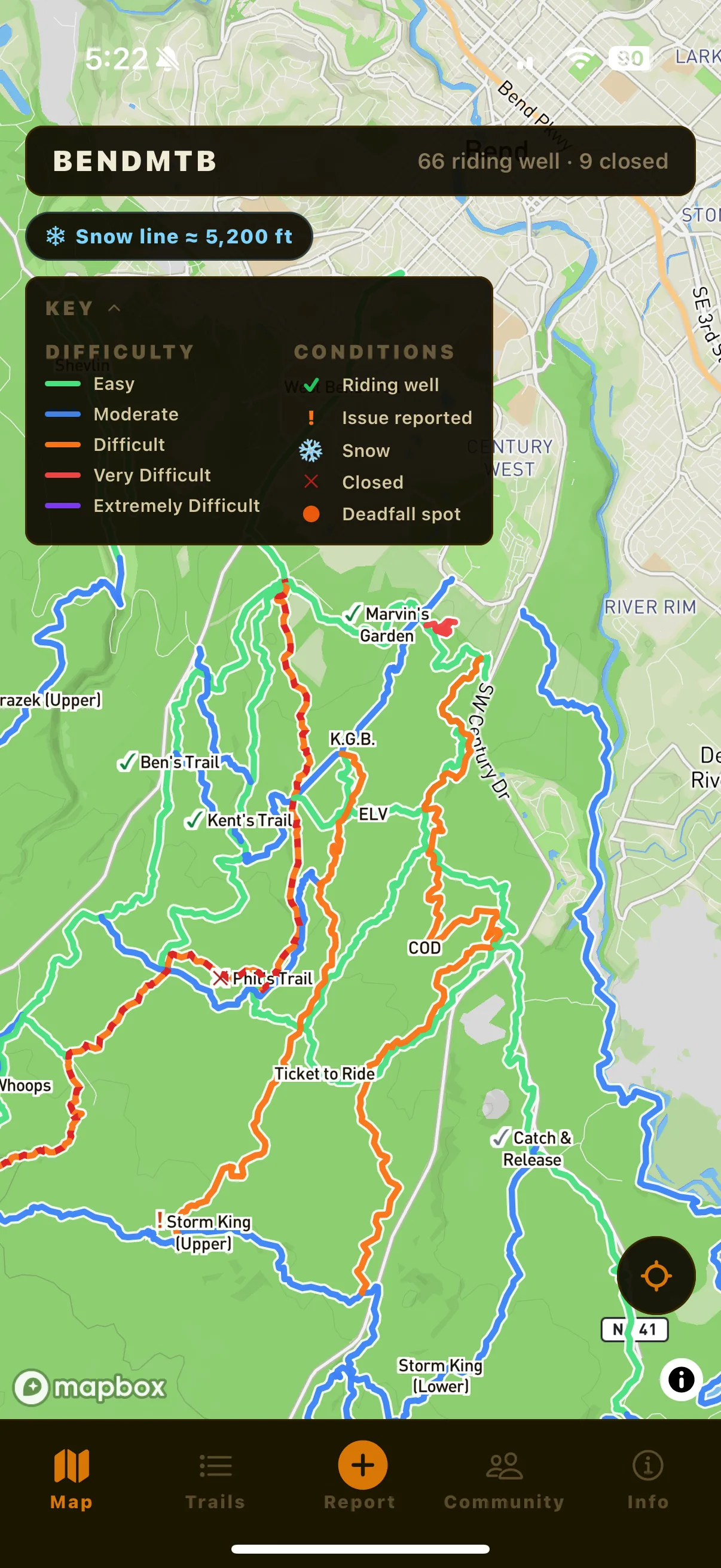 Map screen showing color-coded trail network across the Phil's complex, with a difficulty and conditions key