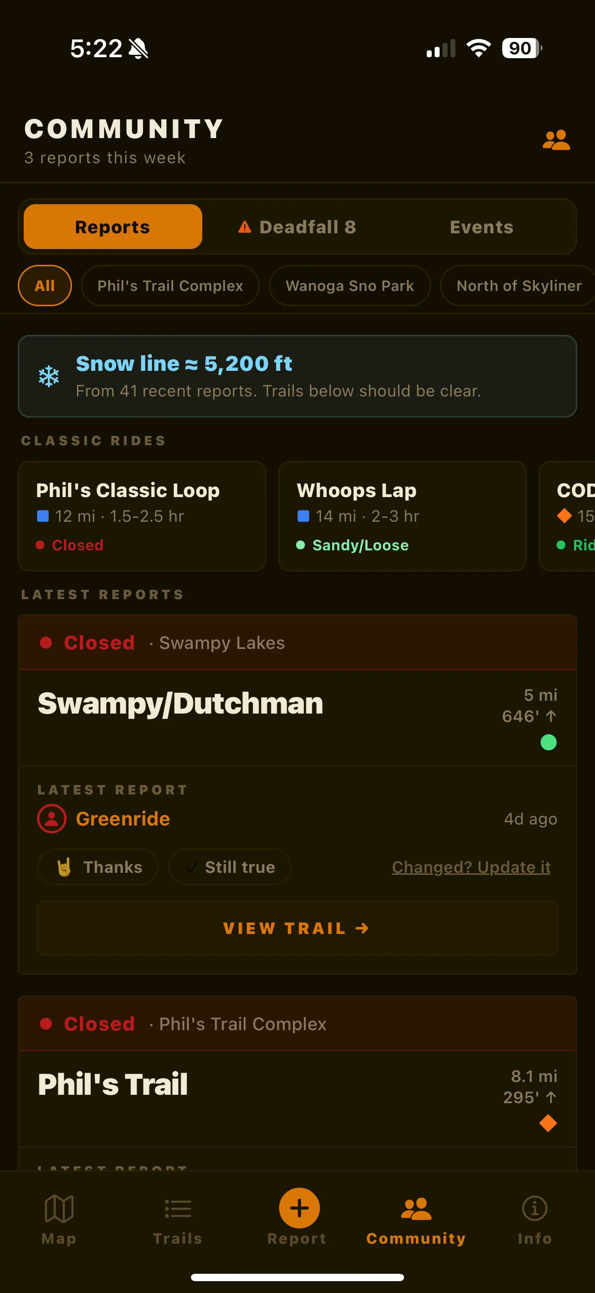 Community screen showing latest trail reports and deadfall counts