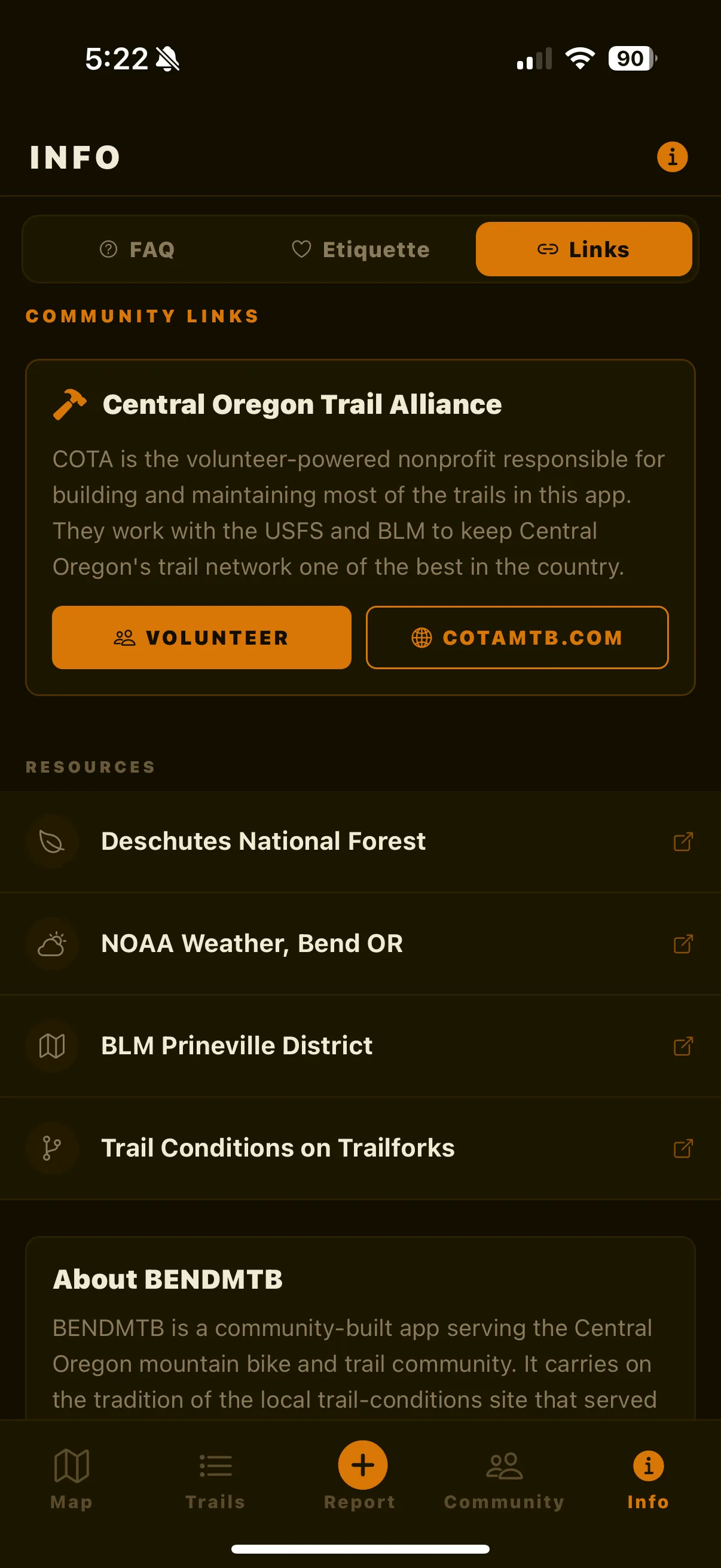 Info screen with trail etiquette, FAQ, and local resources