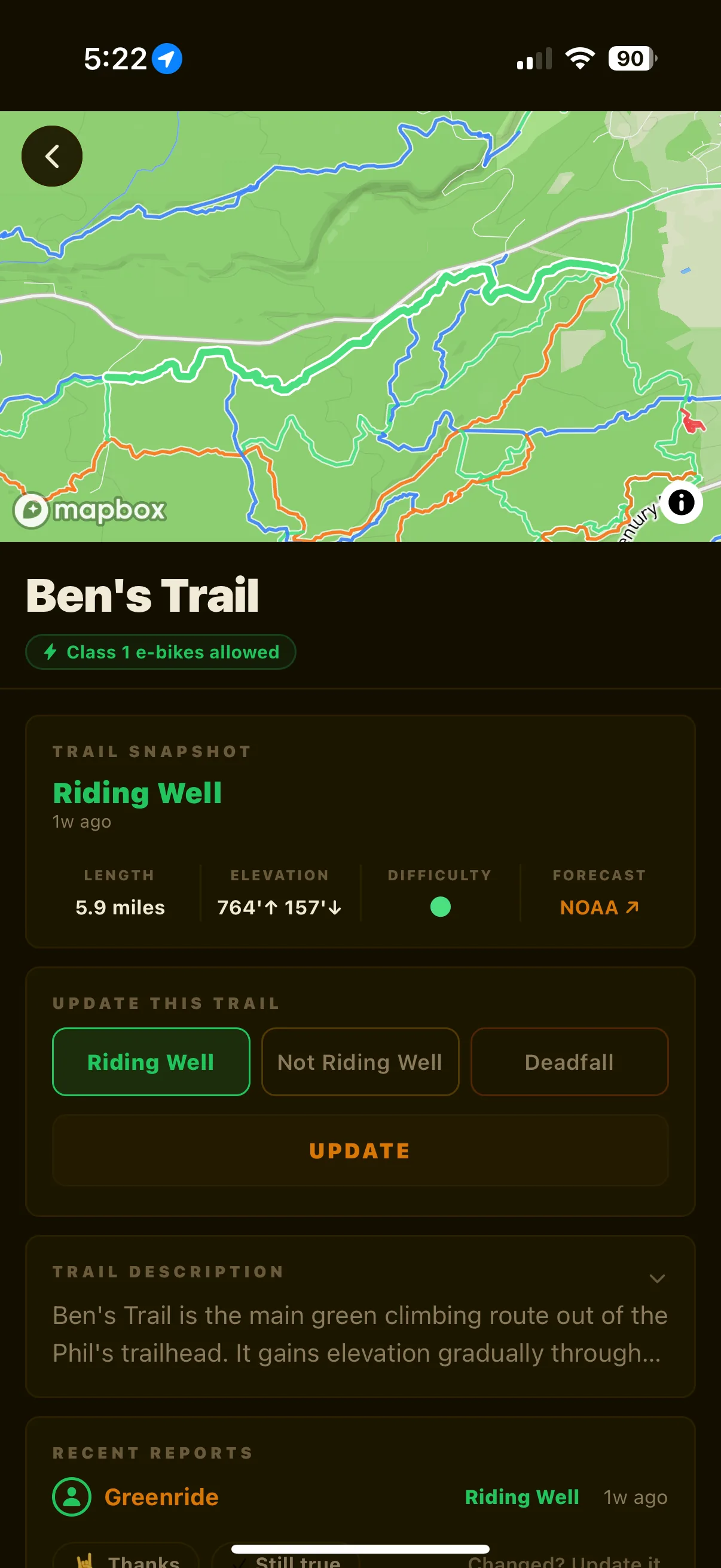 Trail detail screen showing Ben's Trail conditions, length, and elevation
